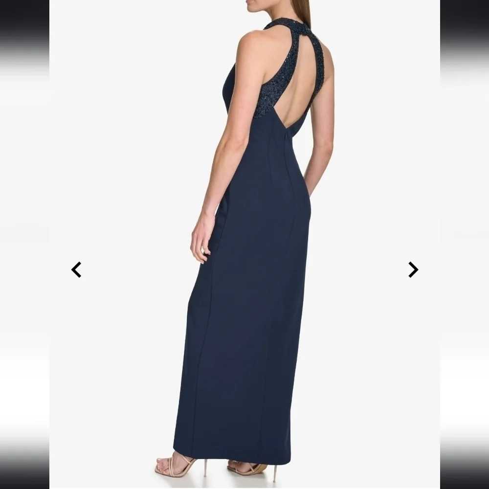 NWT Vince Camuto Sequined Embellished Halter Column Gown in Navy Size 4 - Picture 2 of 12
